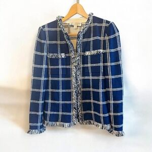 Women St. John Blue & White Tweed Plaid‎ Print Fringe Trim Classic Jacket-Size 4